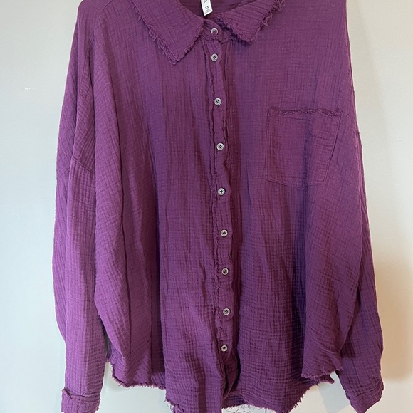 Zenana Purple Button Down Shirt Frayed Hem Distressed Style - Picture 1 of 5